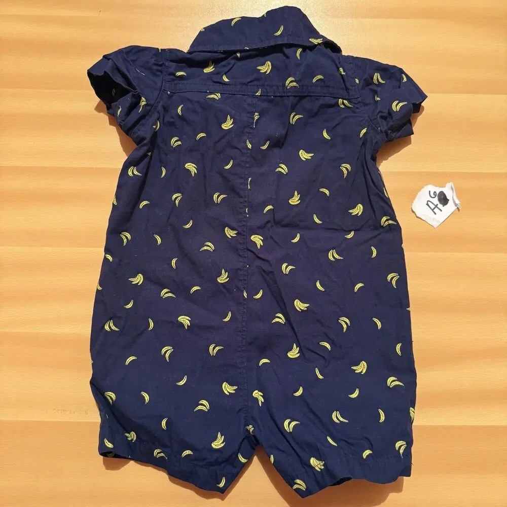 Carters Baby Romper 9 Months Blue Yellow Bananas Collared Button Up One Piece